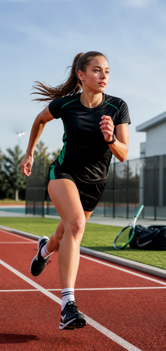 Atleta em pista de atletismo junto a equipamento de ténis